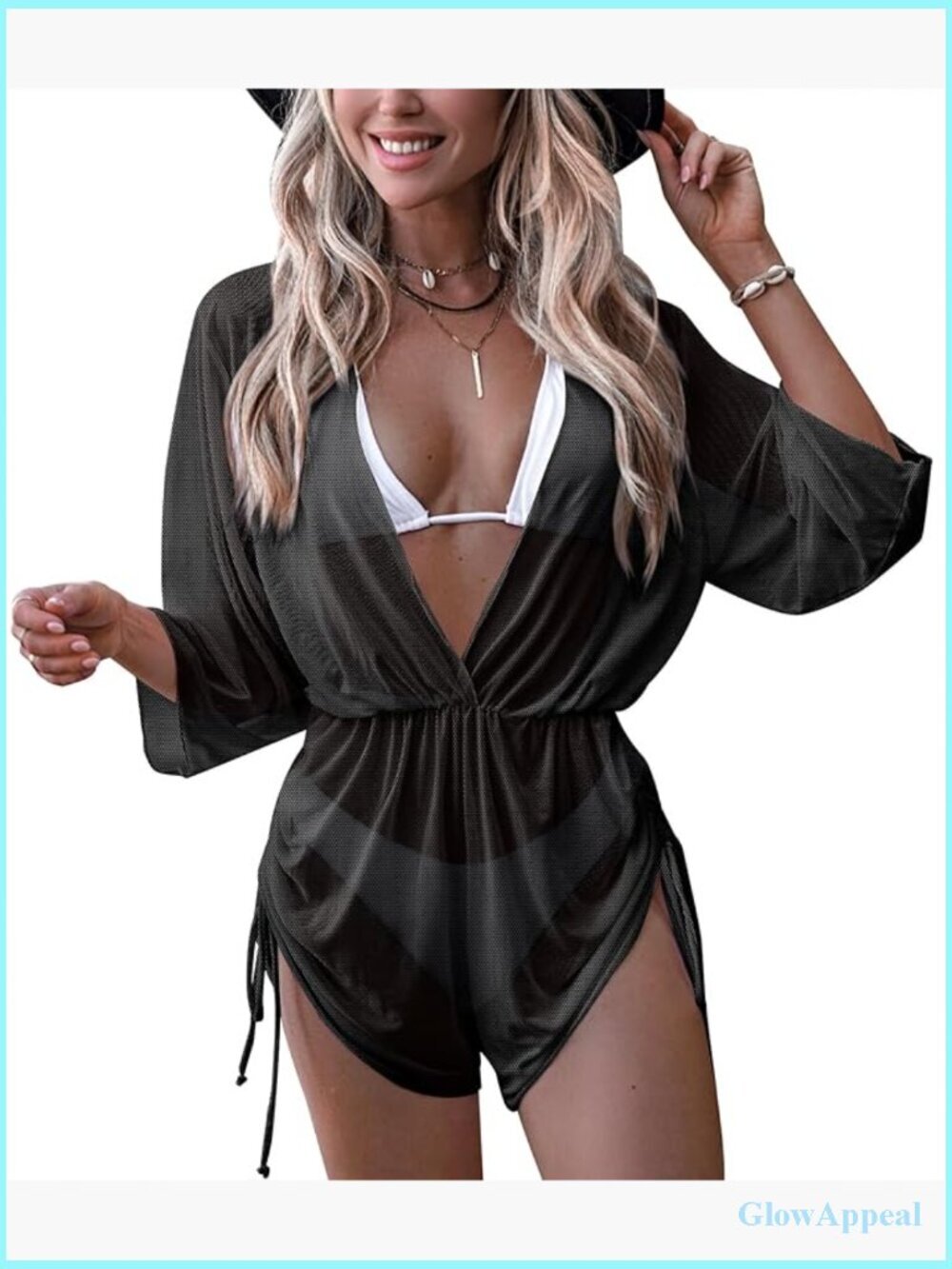 Sheer Mesh Deep V Neck Drawstring Swim Romper Cover Up
